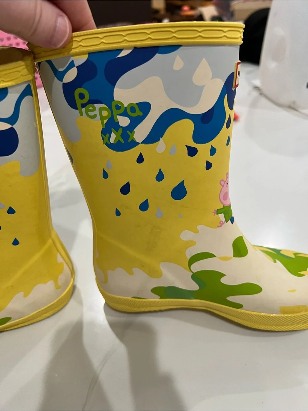 Hunter Kids Yellow Peppa Pig Rain Boots with Green and Blue Accents